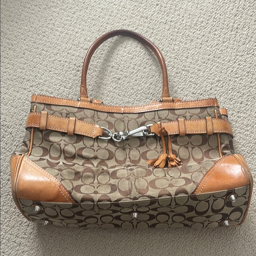 Coach Brown and Tan Shoulder Bag with Signature Monogram